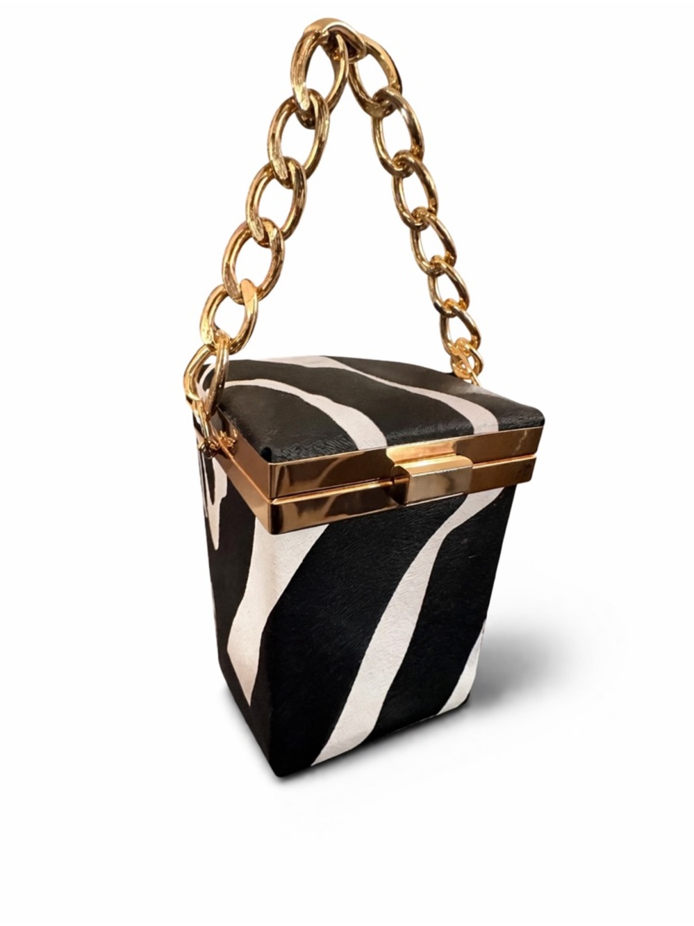 Black and White Zebra Print Box Bag with Gold Chain Handle